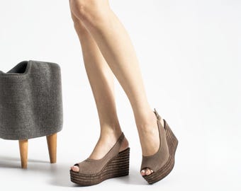 Brown Suede Wedge Sandals for Women, Handmade Peep Toe Platform Shoes, Comfortable 9cm Heel Espadrilles, Slingback Summer Sandal