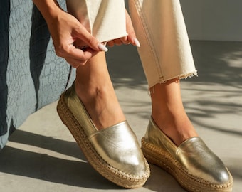 Gold Leather Platform Espadrille Flats | Womens Jute Sole Slip On Shoe | Comfortable 3cm Heel | Summer Spring Style