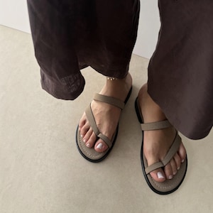 Minimalist Mink Suede Flat Sandals | Vegan Leather Toe Loop Summer Shoes | Comfortable Everyday Neutral Flats | Boho Strappy Slippers Women