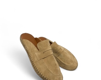 Handmade Suede Leather Slippers – Rubber Sole House Shoes Tan Unisex Indoor Mules Genuine Leather Turkish Loafers  Cozy Gift for Him or Her