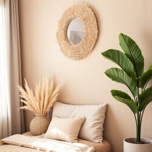Rattan Wall Mirror Handmade Natural Rattan Mirror – Boho Wall Mirrors for Entryway, Bathroom, or Living Room – Rustic Coastal Home Decor
