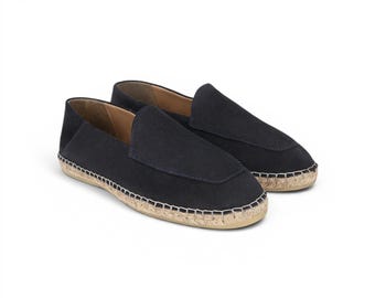 Marineblauwe suède espadrilles heren echt leer slip-on schoenen natuurlijke jute zool zomer loafers