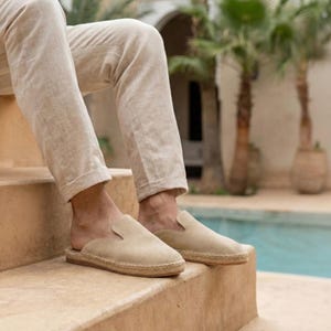 Men's Suede Espadrille Mule | Handmade Beige Slip On Loafer | Rubber Sole Summer Slipper image 3