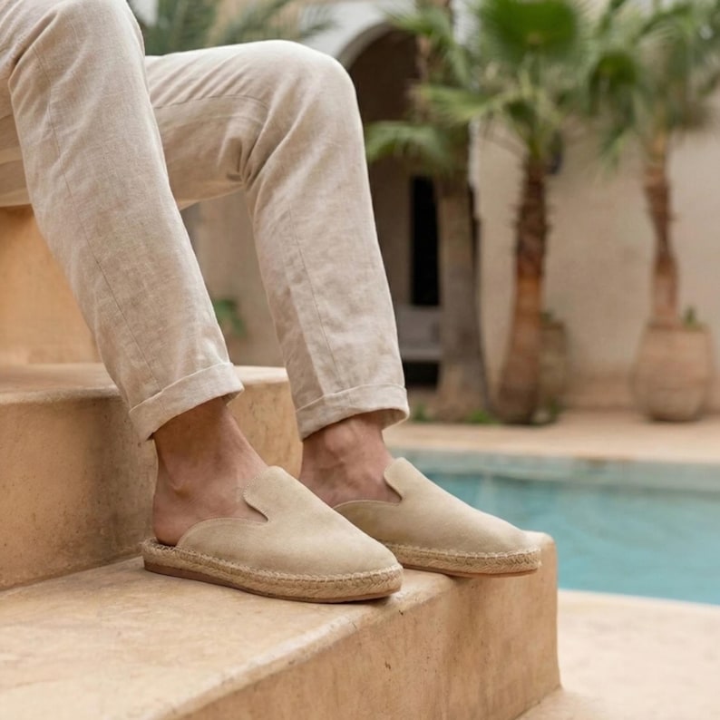Men's Suede Espadrille Mule | Handmade Beige Slip On Loafer | Rubber Sole Summer Slipper image 3