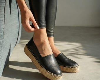Black Leather Espadrille Loafer | Women's Genuine Leather Platform Jute Sole Slip-On Shoe | Summer Comfort Flat