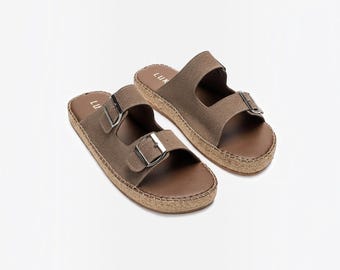 Herensandalen van suède met kurken voetbed, instapslippers met dubbele gesp, orthopedische zomerslippers, casual schoenen met jute zool, cadeau voor hem