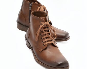Mens Western Boots, Dallas Lace Up Boot, Faux Leather Ankle Boot, Wooden Heel Shoes, Cold Weather Mens Boot, Zip Up Cowboy Boot