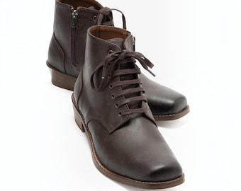 Men's Western Ankle Boots, Faux Leather Lace Up Cowboy Shoes, Side Zipper Daily Boot, Wooden Heel Cold Weather Footwear, Vegan Dallas Boot