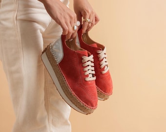 Coral Suede Platform Espadrille Sneaker | Womens Perforated Leather Shoe | Jute Sole Handmade Casual Summer