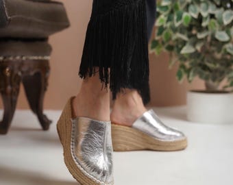 Silver Leather Espadrille Mules | 9cm Wedge Platform Sandals | Genuine Jute Sole Summer Shoes for Women