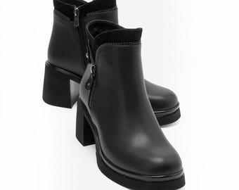 Black Chunky Heel Ankle Boots Women, Vegan Leather Platform Booties, Warm Lined Winter Boots, Gothic Block Heel Zip Up Shoes, Y2K Boots