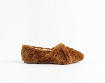 Fluffy Slippers for Women, Cross Band House Shoes, Warm Plush Indoor Flats, Cozy Faux Fur Slippers, Brown Aesthetic Slipper, Gift for Her