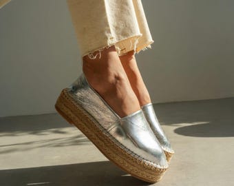 Silver Leather Espadrille | Womens Jute Platform Slip-On Shoes | Metallic Flat Loafers | Genuine Leather Summer Comfort