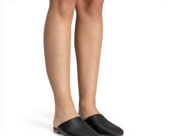 Genuine Leather Black Mules | Women's Flat Slip On Loafers | Comfortable Everyday Backless Slipper Shoe
