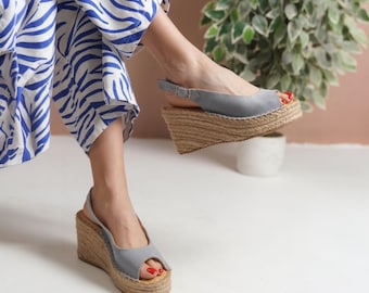 Grey Suede Espadrille Wedge Sandals | Slingback Open Toe Jute Platform Shoe | Boho Women's Summer Vacation Heel