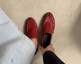 Rode loafers van imitatieleer voor dames, comfortabele instappers met antislipzool, geschikt voor dagelijks gebruik, veganistische ballerina's, casual werkschoenen.