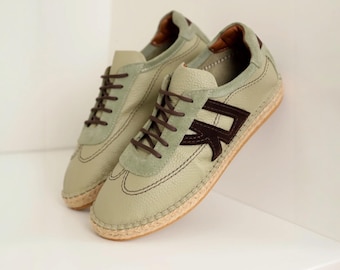 Mens Leather Espadrille Sneakers | Avocado Green Lace-Up Casual Shoe | Handmade Genuine Leather Summer Footwear | Rubber Sole