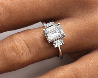 Emerald Cut Moissanite Engagement Ring | Three Stone Forever One Moissanite Ring in Gold or Platinum