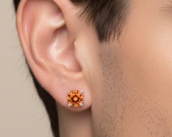 Single Orange Gemstone Stud Earring | 14K Gold Round Natural Topaz