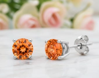 Ohrstecker mit natürlichem orangefarbenem Topas • Runde Ohrstecker aus 14-karätigem Gold mit sonnengelbem orangefarbenem Edelstein • Unisex-Ohrringe für Damen und Herren