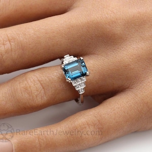 Vintage London Blue Topaz Ring, Emerald Cut Topaz Ring, December Birthstone Cocktail Ring