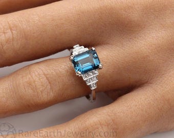 Vintage London Blue Topaz Ring, Emerald Cut Topaz Ring, December Birthstone Cocktail Ring