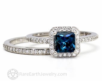 London Blue Topaz Engagement Ring Wedding Ring Bridal Set 14K or 18K Solid Gold Princess Square Diamond Halo Wedding Set Blue Gemstone Ring