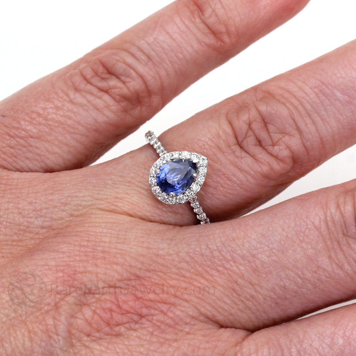 Blue Sapphire Engagement Ring Pear Diamond Halo Blue Sapphire Etsy