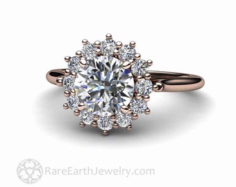 1ct Moissanite Engagement Ring 1 Carat Engagement Ring Forever One Moissanite Cluster Ring Diamond Halo 14K or 18K Gold or Platinum