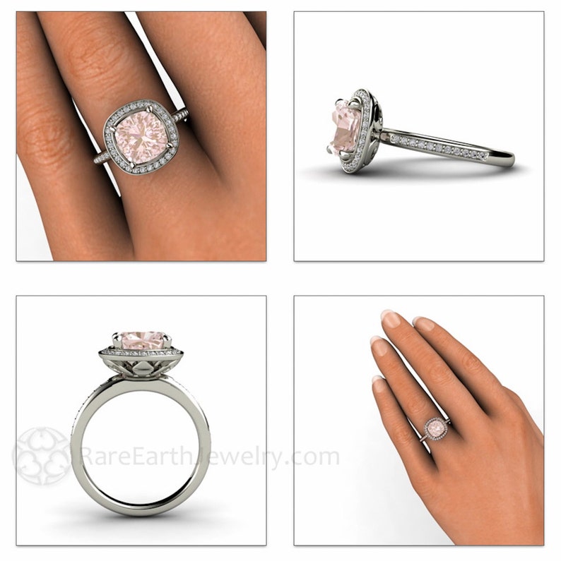 May include: A square-shaped pink gemstone engagement ring with a halo of smaller diamonds. The ring is set in white gold and has a delicate band.