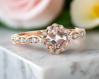 Asscher Cut Morganite Engagement Ring | Peach Pink Vintage Halo Ring | Diamond Scalloped Band in 14K or 18K Gold or Platinum