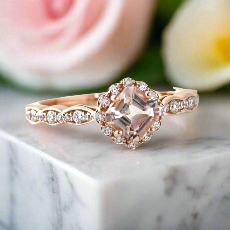 Asscher geslepen morganiet verlovingsring | Perzikroze vintage halo-ring | Diamanten geschulpte band van 14K of 18K goud of platina afbeelding 1