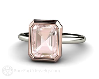 Emerald cut Morganite Engagement Ring 14K Two Tone Bezel Set Solitaire Simple Natural Morganite Ring 14K White Gold Yellow Gold Rose Gold