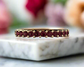 Rhodolite Garnet Ring, January Birthstone Ring, Garnet Stackable Band, Red Gemstone Band in 14K or 18K Gold and Platinum