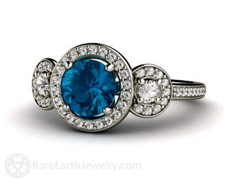London Blue Topaz Engagement Ring 3 Stone Round Diamond Halo Blue Topaz Ring 14K or 18K Gold December Birthstone Engagement Ring