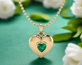 Emerald Heart Necklace | 14K Gold Emerald Heart Pendant on Adjustable Chain | May Birthstone