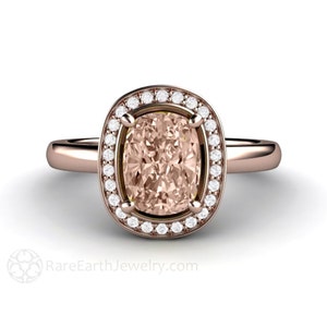 Rose Gold Morganite Engagement Ring Cushion Cut Morganite Ring with Diamond Halo Peach Stone Unique Engagement 14K or 18K Gold