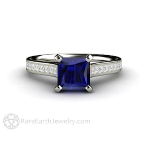 Princess Blue Sapphire Ring Square Sapphire Engagement Ring Sapphire Solitaire Ring with Channel Set Diamond Accents September Birthstone