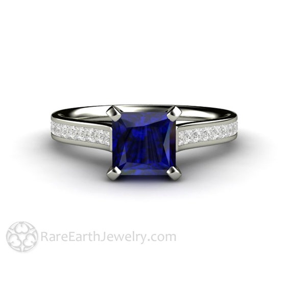 Princess Blue Sapphire Ring Square Sapphire Engagement Ring Sapphire Solitaire Ring With Channel Set Diamond Accents September Birthstone Etsy Sweden