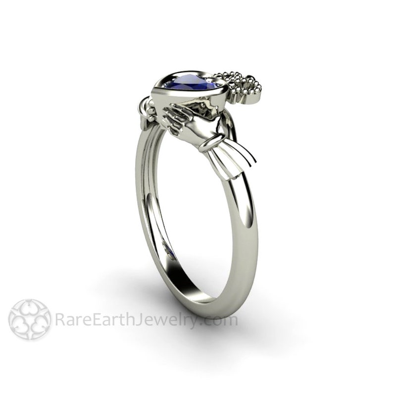 Blue Sapphire Claddagh Ring Celtic Jewelry Celtic Engagement Ring Irish Wedding Ring or Promise Ring Solid Gold 14K 18K and Platinum image 4