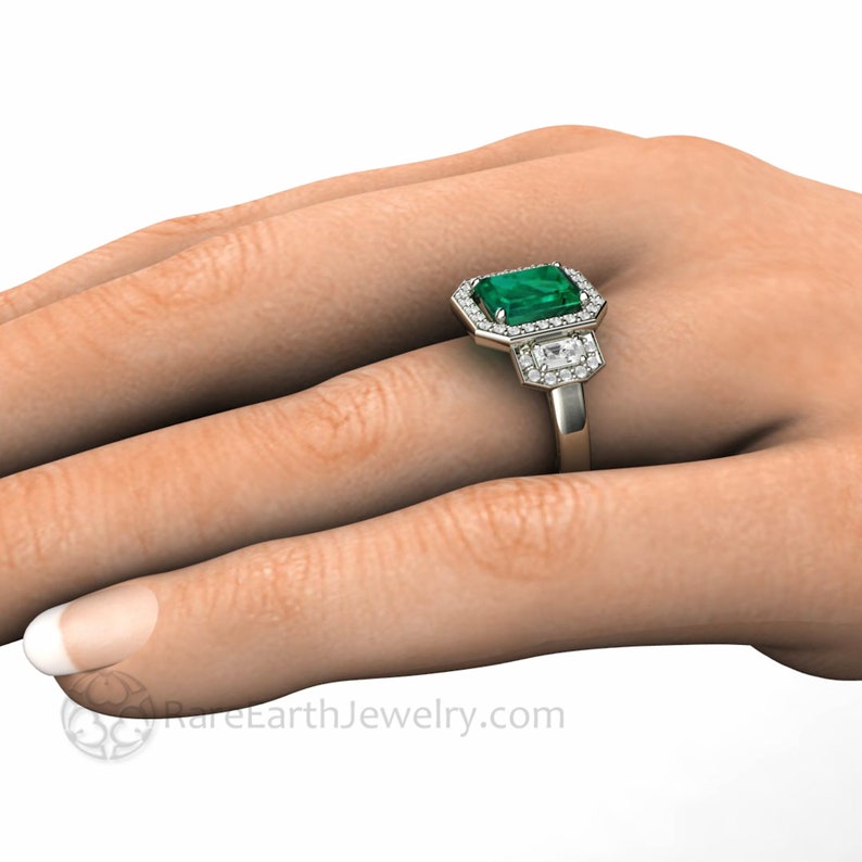 Large Three Stone Emerald Engagement Ring Emerald Cut Green Emerald Ring with Lab Created Diamonds 3 Stone Diamond Halo Gold Platinum image 8