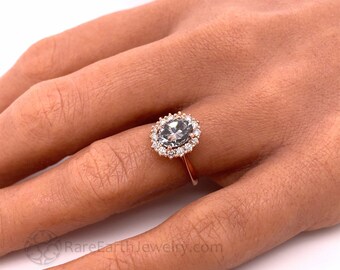 Oval Gray Moissanite Engagement Ring, Gray Moissanite Ring, Vintage Style Halo Ring Cluster Design 14K or 18K Gold or Platinum