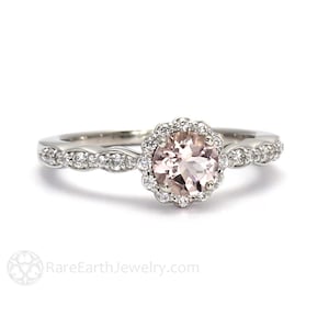 Morganite Engagement Ring Morganite Ring Diamond Halo 14K or 18K Pink Gemstone Ring