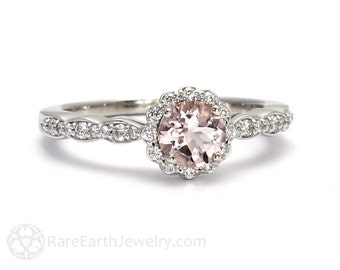 Morganite Engagement Ring Morganite Ring Diamond Halo 14K or 18K Pink Gemstone Ring