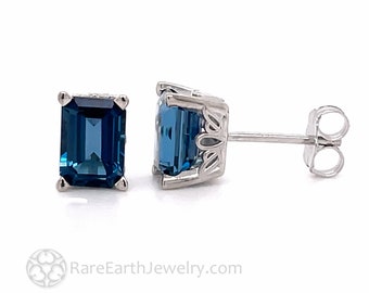 Emerald Cut London Blue Topaz Earrings 14K Gold 7x5mm London Blue Topaz Studs December Birthstone Earrings London Blue Topaz Stud Earrings