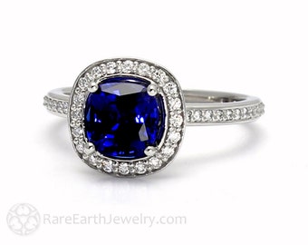 Blue Sapphire Engagement Ring Cushion Cut Blue Sapphire Ring with Diamond Halo in 14K Gold, 18K Gold or Platinum