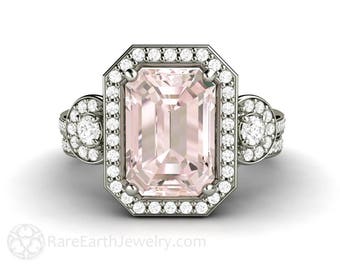 Emerald Cut Morganite Engagement Ring Bridal Set 3 Stone Morganite Ring Diamond Halo Morganite Three Stone Ring Pink Stone 14K 18K Gold