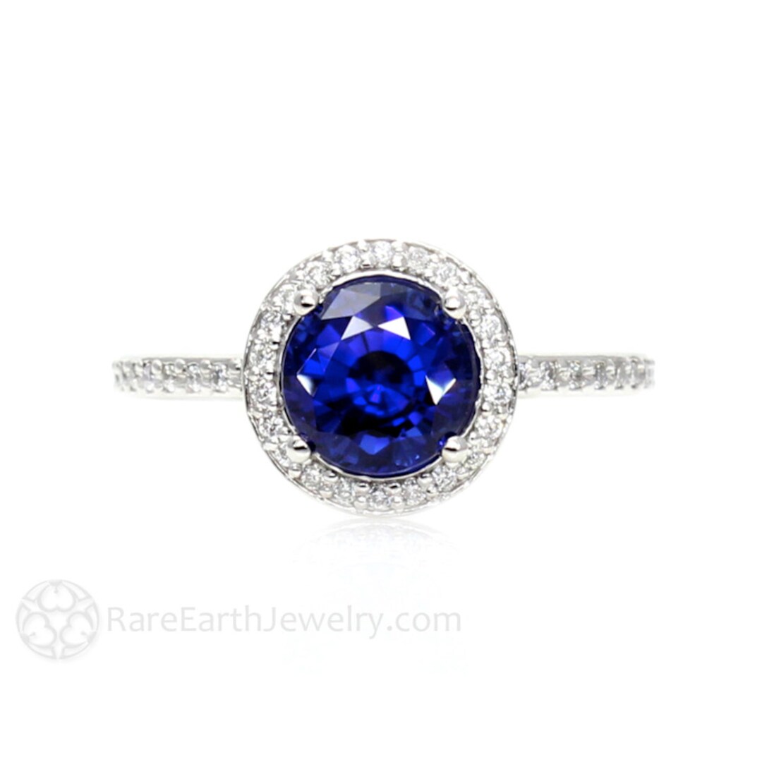 Platinum Blue Sapphire Engagement Ring Round Halo Diamond - Etsy