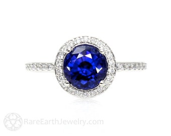 Platinum Blue Sapphire Engagement Ring Round Halo Diamond Sapphire Ring Custom Engagement Ring