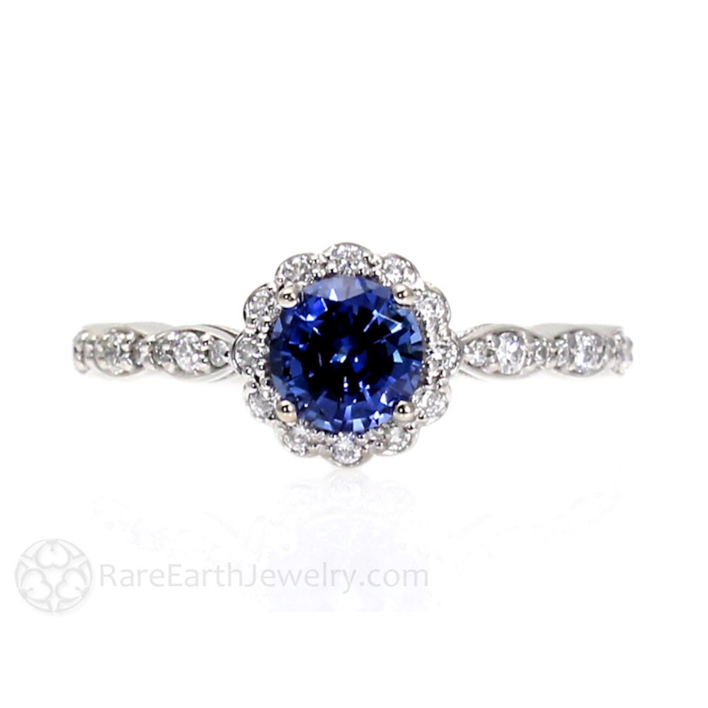 18K Blue Sapphire Engagement Ring With Diamond Halo Custom - Etsy